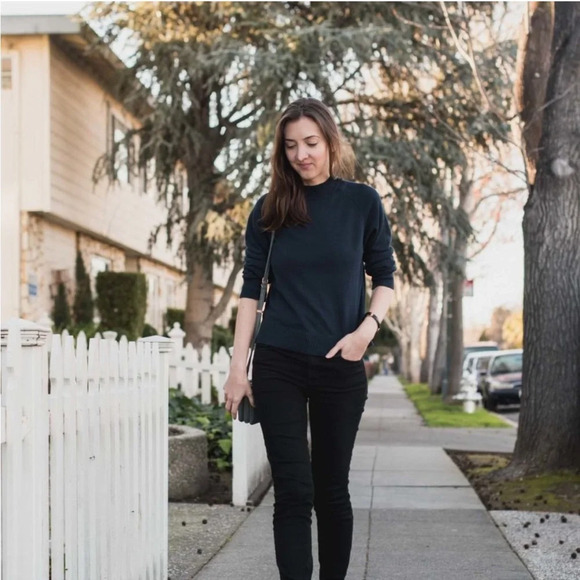 Everlane The Mock Neck Cotton Sweater Navy Blue Size XXS Classic Minimalist - Picture 2 of 10